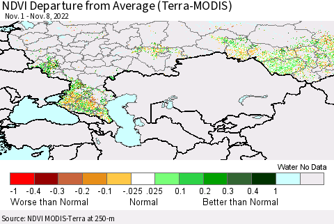 Russian Federation NDVI Departure from Average (Terra-MODIS) Thematic Map For 11/1/2022 - 11/8/2022