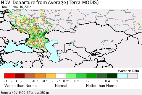 Russian Federation NDVI Departure from Average (Terra-MODIS) Thematic Map For 11/9/2022 - 11/16/2022
