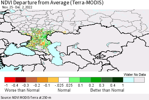 Russian Federation NDVI Departure from Average (Terra-MODIS) Thematic Map For 11/25/2022 - 12/2/2022