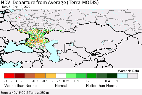 Russian Federation NDVI Departure from Average (Terra-MODIS) Thematic Map For 12/3/2022 - 12/10/2022