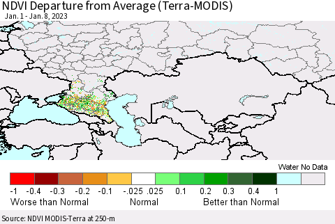 Russian Federation NDVI Departure from Average (Terra-MODIS) Thematic Map For 1/1/2023 - 1/8/2023