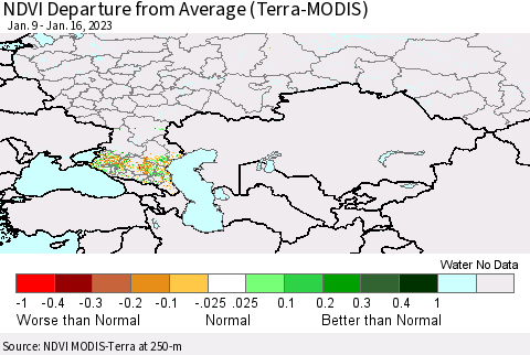 Russian Federation NDVI Departure from Average (Terra-MODIS) Thematic Map For 1/9/2023 - 1/16/2023