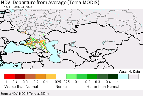 Russian Federation NDVI Departure from Average (Terra-MODIS) Thematic Map For 1/17/2023 - 1/24/2023