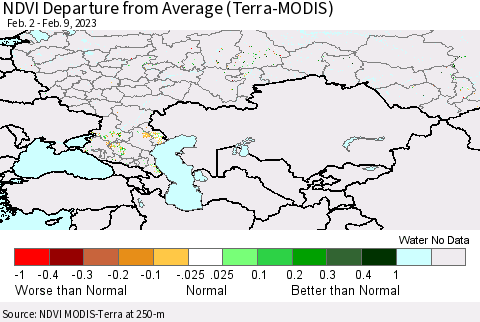 Russian Federation NDVI Departure from Average (Terra-MODIS) Thematic Map For 2/2/2023 - 2/9/2023