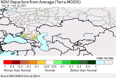 Russian Federation NDVI Departure from Average (Terra-MODIS) Thematic Map For 2/18/2023 - 2/25/2023
