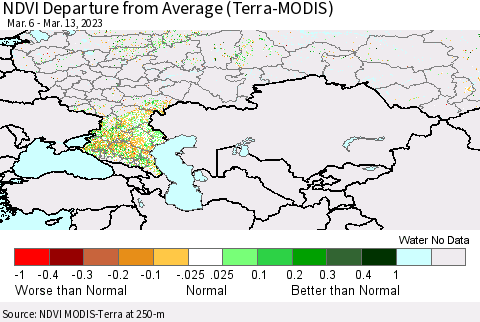 Russian Federation NDVI Departure from Average (Terra-MODIS) Thematic Map For 3/6/2023 - 3/13/2023