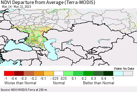 Russian Federation NDVI Departure from Average (Terra-MODIS) Thematic Map For 3/14/2023 - 3/21/2023