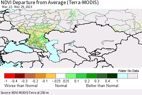 Russian Federation NDVI Departure from Average (Terra-MODIS) Thematic Map For 3/22/2023 - 3/29/2023