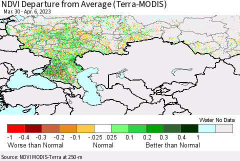 Russian Federation NDVI Departure from Average (Terra-MODIS) Thematic Map For 3/30/2023 - 4/6/2023