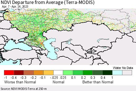 Russian Federation NDVI Departure from Average (Terra-MODIS) Thematic Map For 4/7/2023 - 4/14/2023
