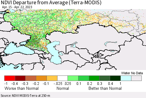 Russian Federation NDVI Departure from Average (Terra-MODIS) Thematic Map For 4/15/2023 - 4/22/2023