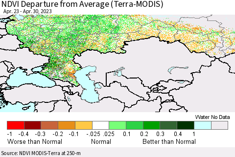 Russian Federation NDVI Departure from Average (Terra-MODIS) Thematic Map For 4/23/2023 - 4/30/2023