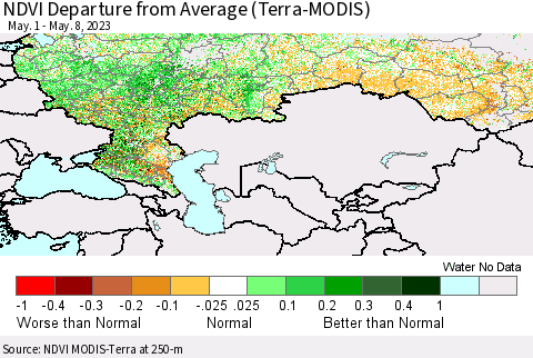 Russian Federation NDVI Departure from Average (Terra-MODIS) Thematic Map For 5/1/2023 - 5/8/2023