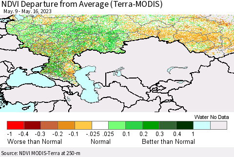 Russian Federation NDVI Departure from Average (Terra-MODIS) Thematic Map For 5/9/2023 - 5/16/2023