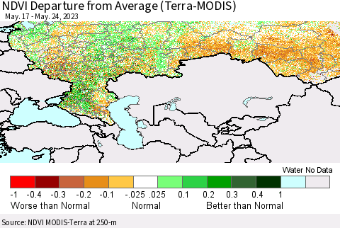 Russian Federation NDVI Departure from Average (Terra-MODIS) Thematic Map For 5/17/2023 - 5/24/2023