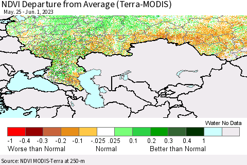 Russian Federation NDVI Departure from Average (Terra-MODIS) Thematic Map For 5/25/2023 - 6/1/2023