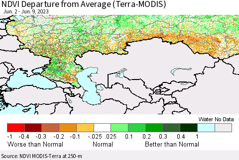 Russian Federation NDVI Departure from Average (Terra-MODIS) Thematic Map For 6/2/2023 - 6/9/2023