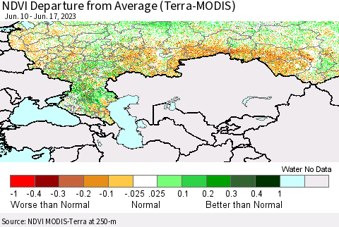 Russian Federation NDVI Departure from Average (Terra-MODIS) Thematic Map For 6/10/2023 - 6/17/2023