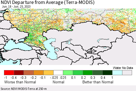 Russian Federation NDVI Departure from Average (Terra-MODIS) Thematic Map For 6/18/2023 - 6/25/2023