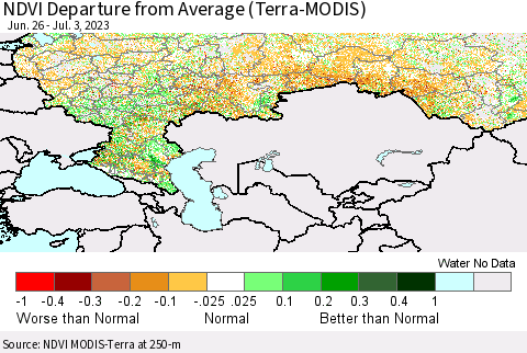 Russian Federation NDVI Departure from Average (Terra-MODIS) Thematic Map For 6/26/2023 - 7/3/2023