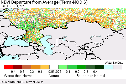 Russian Federation NDVI Departure from Average (Terra-MODIS) Thematic Map For 7/4/2023 - 7/11/2023