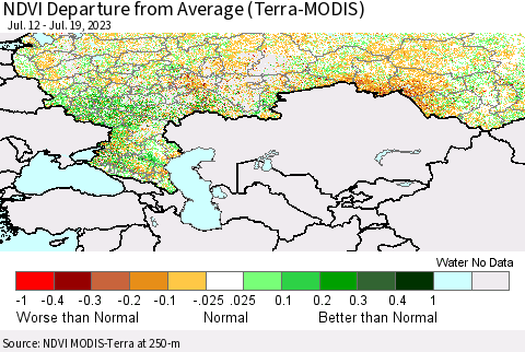 Russian Federation NDVI Departure from Average (Terra-MODIS) Thematic Map For 7/12/2023 - 7/19/2023