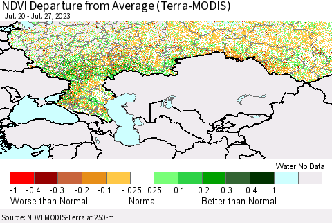 Russian Federation NDVI Departure from Average (Terra-MODIS) Thematic Map For 7/20/2023 - 7/27/2023