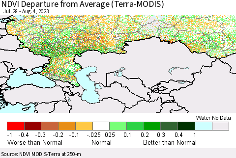 Russian Federation NDVI Departure from Average (Terra-MODIS) Thematic Map For 7/28/2023 - 8/4/2023