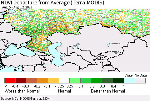 Russian Federation NDVI Departure from Average (Terra-MODIS) Thematic Map For 8/5/2023 - 8/12/2023
