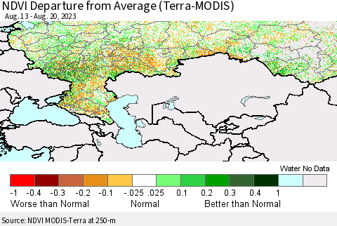 Russian Federation NDVI Departure from Average (Terra-MODIS) Thematic Map For 8/13/2023 - 8/20/2023