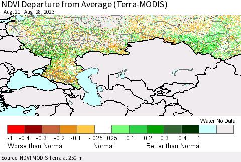 Russian Federation NDVI Departure from Average (Terra-MODIS) Thematic Map For 8/21/2023 - 8/28/2023