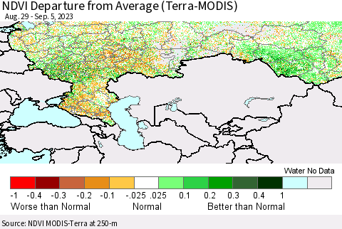 Russian Federation NDVI Departure from Average (Terra-MODIS) Thematic Map For 8/29/2023 - 9/5/2023