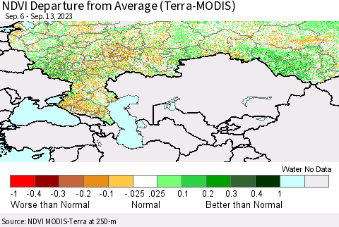 Russian Federation NDVI Departure from Average (Terra-MODIS) Thematic Map For 9/6/2023 - 9/13/2023