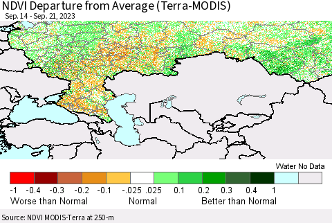 Russian Federation NDVI Departure from Average (Terra-MODIS) Thematic Map For 9/14/2023 - 9/21/2023