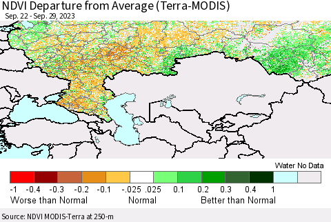Russian Federation NDVI Departure from Average (Terra-MODIS) Thematic Map For 9/22/2023 - 9/29/2023