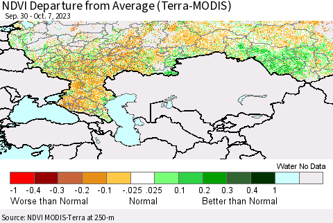 Russian Federation NDVI Departure from Average (Terra-MODIS) Thematic Map For 9/30/2023 - 10/7/2023