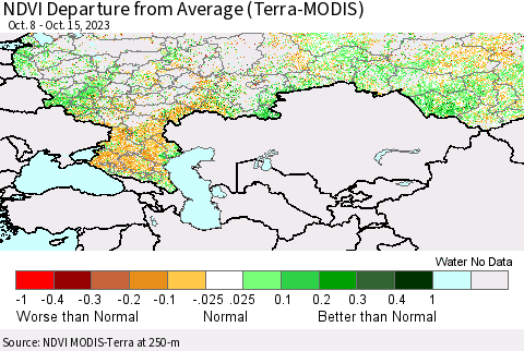 Russian Federation NDVI Departure from Average (Terra-MODIS) Thematic Map For 10/8/2023 - 10/15/2023