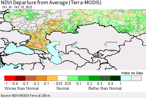 Russian Federation NDVI Departure from Average (Terra-MODIS) Thematic Map For 10/16/2023 - 10/23/2023