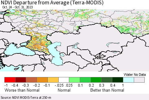 Russian Federation NDVI Departure from Average (Terra-MODIS) Thematic Map For 10/24/2023 - 10/31/2023