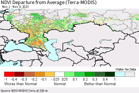 Russian Federation NDVI Departure from Average (Terra-MODIS) Thematic Map For 11/1/2023 - 11/8/2023