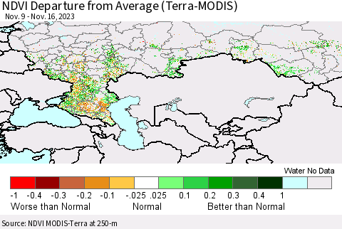 Russian Federation NDVI Departure from Average (Terra-MODIS) Thematic Map For 11/9/2023 - 11/16/2023