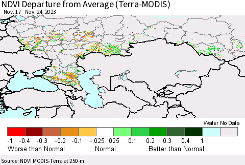 Russian Federation NDVI Departure from Average (Terra-MODIS) Thematic Map For 11/17/2023 - 11/24/2023