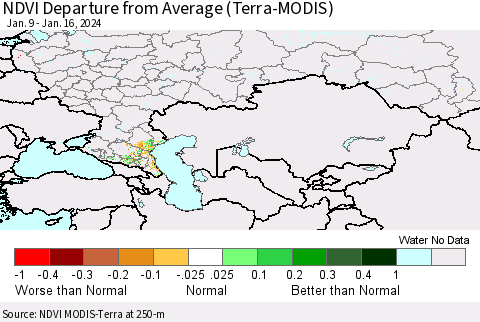 Russian Federation NDVI Departure from Average (Terra-MODIS) Thematic Map For 1/9/2024 - 1/16/2024