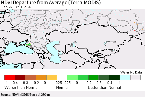 Russian Federation NDVI Departure from Average (Terra-MODIS) Thematic Map For 1/25/2024 - 2/1/2024