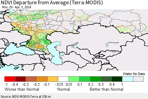 Russian Federation NDVI Departure from Average (Terra-MODIS) Thematic Map For 3/29/2024 - 4/5/2024