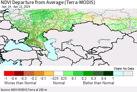 Russian Federation NDVI Departure from Average (Terra-MODIS) Thematic Map For 4/14/2024 - 4/21/2024