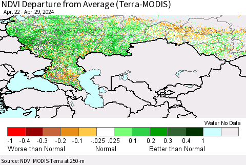 Russian Federation NDVI Departure from Average (Terra-MODIS) Thematic Map For 4/22/2024 - 4/29/2024