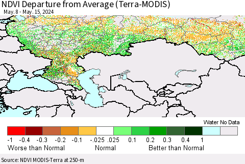 Russian Federation NDVI Departure from Average (Terra-MODIS) Thematic Map For 5/8/2024 - 5/15/2024