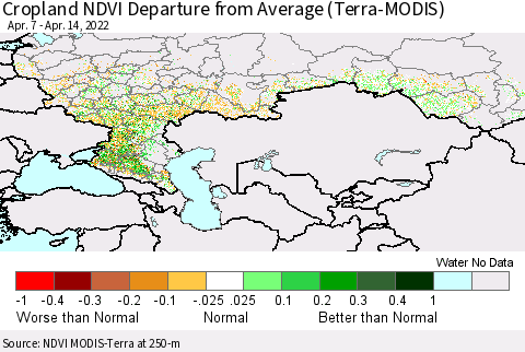 Russian Federation Cropland NDVI Departure from Average (Terra-MODIS) Thematic Map For 4/7/2022 - 4/14/2022
