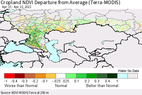 Russian Federation Cropland NDVI Departure from Average (Terra-MODIS) Thematic Map For 4/15/2022 - 4/22/2022